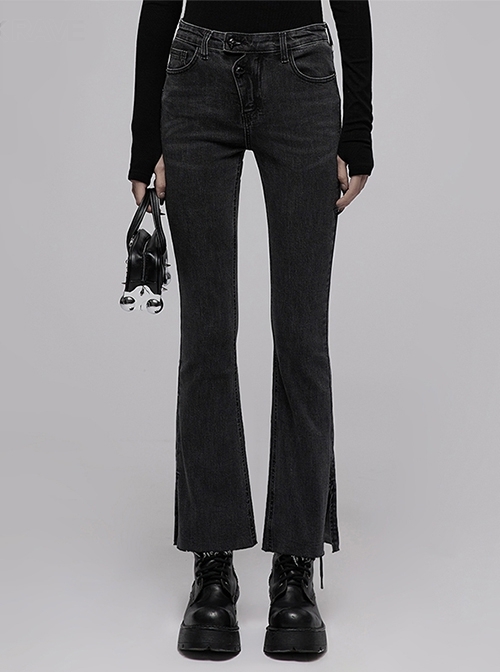 Tight Elastic Distressed Denim Asymmetrical Placket Medium Waist Flared Pants