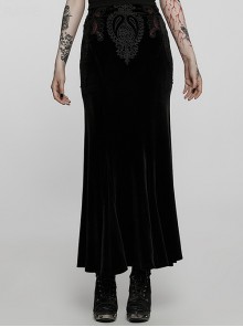 Velvet Cutout Appliqued Black Queen Of Mystery Gorgeous Gothic Slim Wrap-Hip Fishtail Skirt