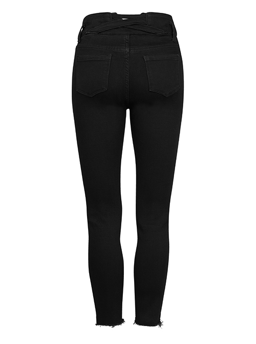 Triangular Metal Decorative Sheet Back Crossed Straps Tight Fit Denim Pants
