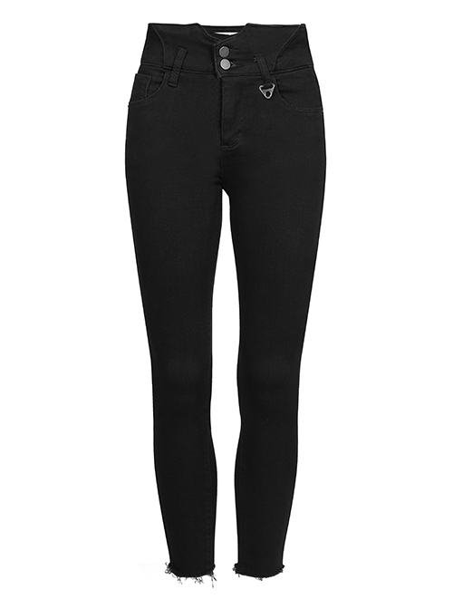 Triangular Metal Decorative Sheet Back Crossed Straps Tight Fit Denim Pants