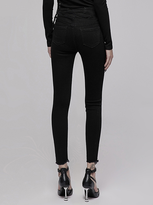 Triangular Metal Decorative Sheet Back Crossed Straps Tight Fit Denim Pants