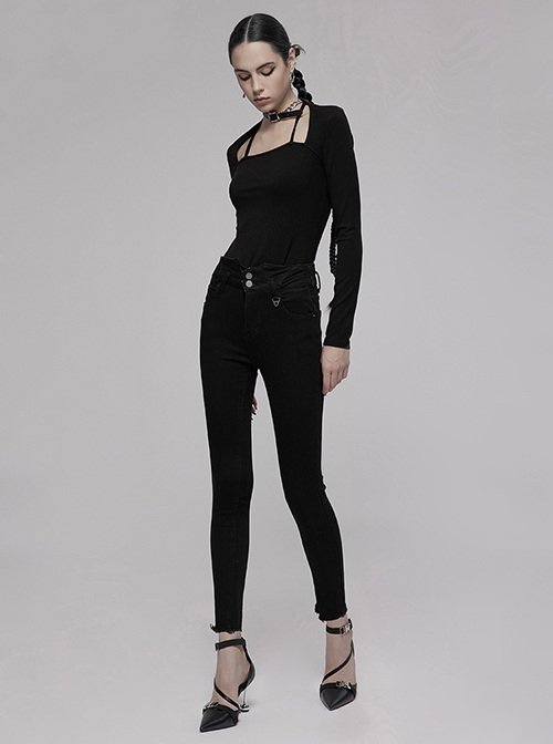 Triangular Metal Decorative Sheet Back Crossed Straps Tight Fit Denim Pants