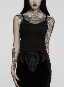 Adjustable Straps Black Symmetric Appliques Simple Knit Gothic Sexy Bottoming Sling Top