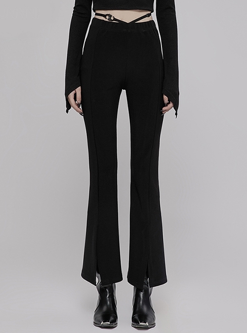 Punk Style Black Hollow V-Shaped Decorative Bottom Slit Strap Micro Flare Pants