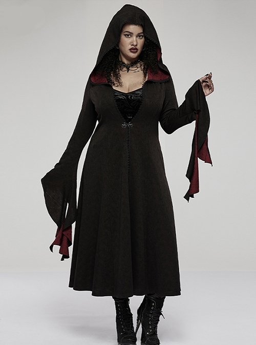Big Hat Mystery Witch Rose Pattern Two-Tone Red  Black Knitted Long Sleeves Gothic Coat