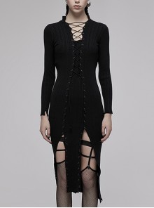 Punk  Style Multi Wearing Ways Hem Slit Design Dark Sexy Wool Knitted Dress With String
