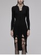 Punk  Style Multi Wearing Ways Hem Slit Design Dark Sexy Wool Knitted Dress With String