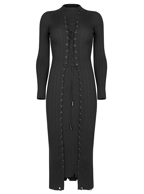 Punk  Style Multi Wearing Ways Hem Slit Design Dark Sexy Wool Knitted Dress With String