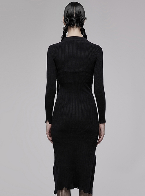 Punk  Style Multi Wearing Ways Hem Slit Design Dark Sexy Wool Knitted Dress With String