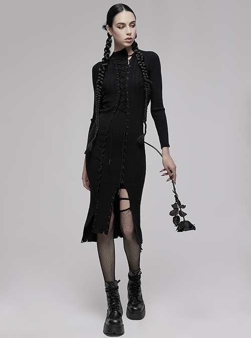 Punk  Style Multi Wearing Ways Hem Slit Design Dark Sexy Wool Knitted Dress With String