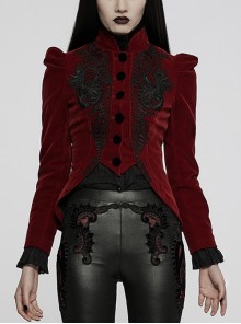 Court Red Velvet Short Front Short Back Long Gothic Cutout Appliqued Swallowtail Short Jacket