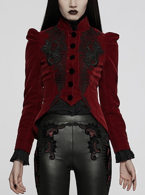 Court Red Velvet Short Front Short Back Long Gothic Cutout Appliqued Swallowtail Short Jacket