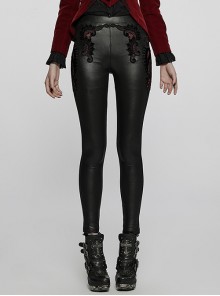 Stretch Black Red Symmetrical Velvet Cutout Appliqué Hip Lift Gothic Sexy Bottoming Slim Trousers
