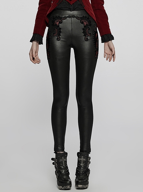 Stretch Black Red Symmetrical Velvet Cutout Appliqué Hip Lift Gothic Sexy Bottoming Slim Trousers
