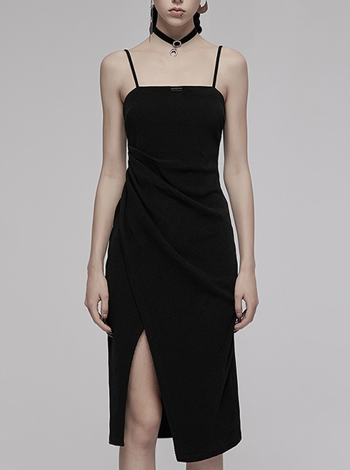 Black Punk Stretch Knitted Fabric Asymmetric Split Design Sexy Slip Sling Dress