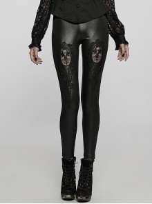 Glossy Stretch Knit Black Velvet Cutout Appliqué Hip Lift Slim Fit Sexy Bottoming Gothic Trousers