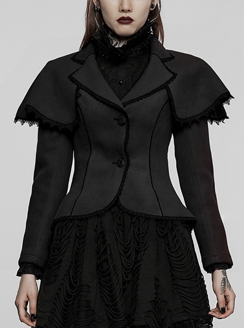 Slim Fit And Slim Lapel Black Stitching Lace Front Short Back Long Small Shawl Gothic Coat