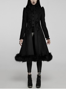 Gorgeous Symmetric Appliqué Detachable Big Fur Collar Black Loose Hem Gothic Ladies Long Coat