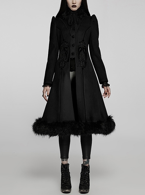 Gorgeous Symmetric Appliqué Detachable Big Fur Collar Black Loose Hem Gothic Ladies Long Coat