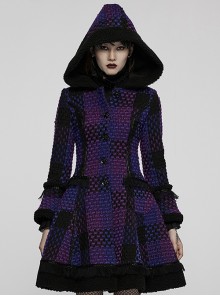 Court Black Purple Small Fragrance Style Flared Sleeves Square Neck Hooded Fitted Gothic Dress