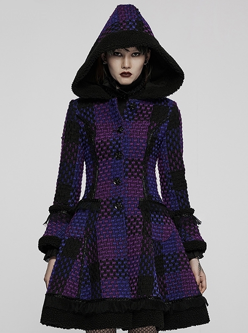Court Black Purple Small Fragrance Style Flared Sleeves Square Neck Hooded Fitted Gothic Dress