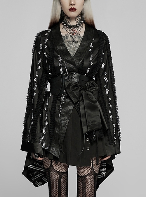 Lace Embroidered Loose Detachable Large Bow Black Tunic Wide Sleeve Gothic Short Kimono Coat
