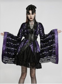 Lace Embroidered Black Purple Detachable Large Bow Waist Wide Sleeves Gothic Cropped Kimono Coat