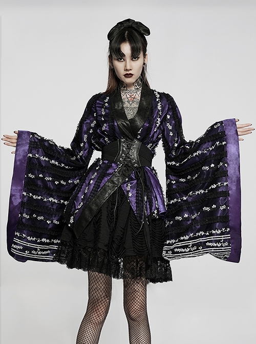 Lace Embroidered Black Purple Detachable Large Bow Waist Wide Sleeves Gothic Cropped Kimono Coat