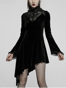 Gothic Half Turtleneck Black Velvet Paneled Lace Asymmetric Hem Flared Long Sleeve Court Dress