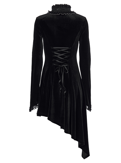 Gothic Half Turtleneck Black Velvet Paneled Lace Asymmetric Hem Flared Long Sleeve Court Dress