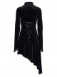 Gothic Half Turtleneck Black Velvet Paneled Lace Asymmetric Hem Flared Long Sleeve Court Dress