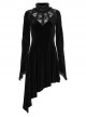 Gothic Half Turtleneck Black Velvet Paneled Lace Asymmetric Hem Flared Long Sleeve Court Dress