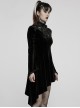 Gothic Half Turtleneck Black Velvet Paneled Lace Asymmetric Hem Flared Long Sleeve Court Dress