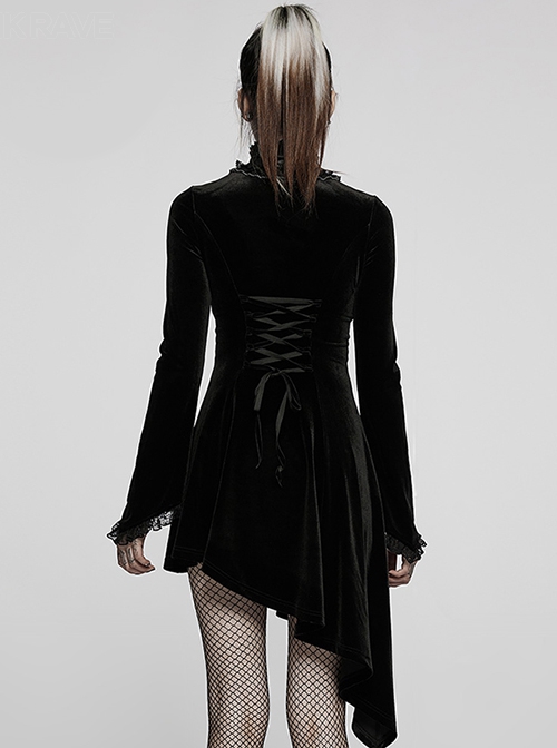 Gothic Half Turtleneck Black Velvet Paneled Lace Asymmetric Hem Flared Long Sleeve Court Dress