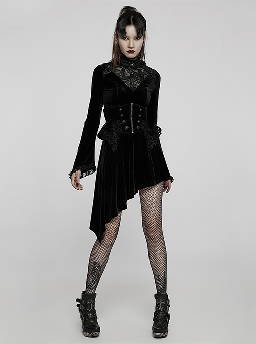 Gothic Half Turtleneck Black Velvet Paneled Lace Asymmetric Hem Flared Long Sleeve Court Dress