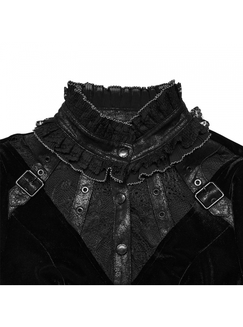 Gothic Half Turtleneck Black Velvet Paneled Lace Asymmetric Hem Flared Long Sleeve Court Dress