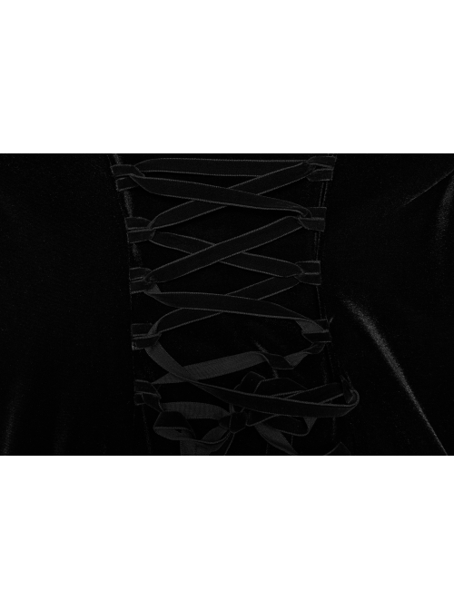 Gothic Half Turtleneck Black Velvet Paneled Lace Asymmetric Hem Flared Long Sleeve Court Dress