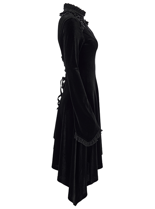Gothic Half Turtleneck Black Velvet Paneled Lace Asymmetric Hem Flared Long Sleeve Court Dress
