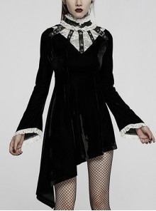 Gothic Half Turtleneck Black  White Velvet Paneled Lace Asymmetric Hem Flared Long Sleeve Dress