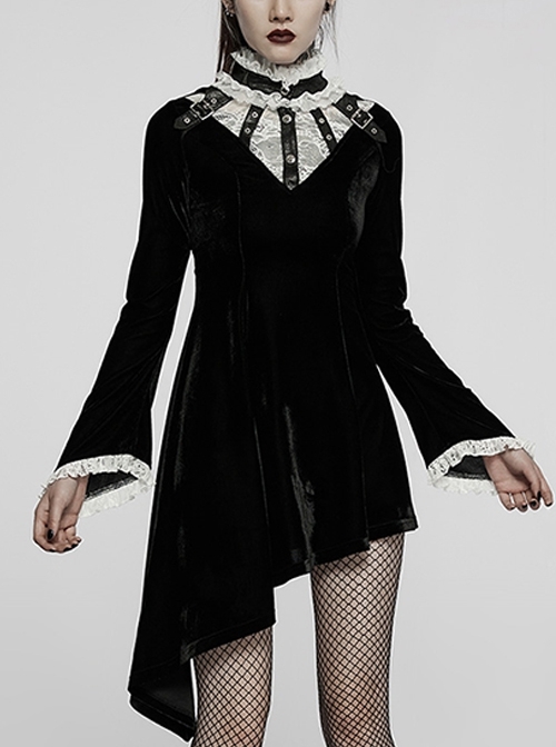 Gothic Half Turtleneck Black  White Velvet Paneled Lace Asymmetric Hem Flared Long Sleeve Dress