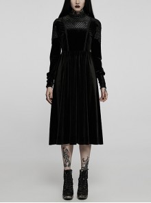 Court Black Velvet Stitching Delicate Cutout Appliqué Invisible Zipper Gothic Long Sexy Dress