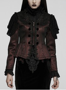 Court Gorgeous Black  Red Striped Stitching Lace Mesh Gothic Pleated Hem V-Neck Slim Short Coat