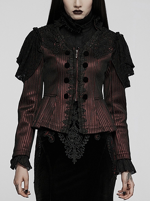 Court Gorgeous Black  Red Striped Stitching Lace Mesh Gothic Pleated Hem V-Neck Slim Short Coat