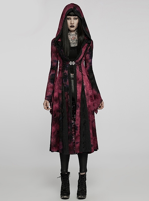 Dark Wizard Big Hat Black  Red Tie-Dye Stitching Drape Skirt Gothic Waist Pair Button Long Coat