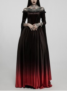 Medieval Elastic Diamond Slip-Neck Black  Red Gradient Gothic High Slit Lace Long Sleeve Dress