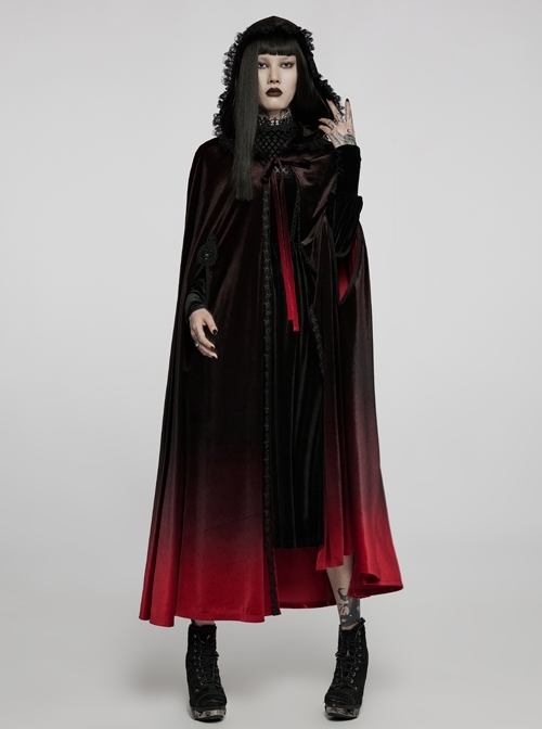 Palace Gorgeous Straps Fantasy Gradient Skirt Black Red Gothic Large Open Sleeves Hooded Cloak