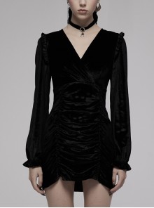 Stretch Velvet Knit Pleated Design V Neckline Slim Shoulder Ruffles Black Dress