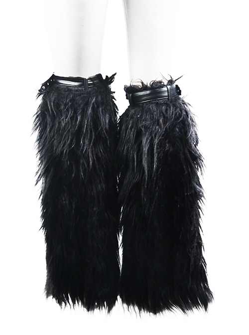 Adjustable Black Punk Leather Decorated Wool Leg Warmer Accessory