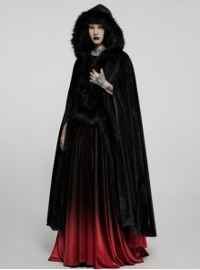 Imitation Rabbit Plush Big Hat Warm Black Noble Gothic Large Open Sleeve Ladies Long Cloak