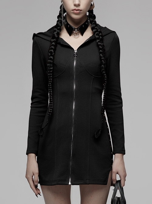 Comfortable Fit Black Side U-Slit Fit Knitted Metal Zipper Decoration Hooded Dress